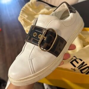 Fendi White Leather Sneakers with Gold Accent